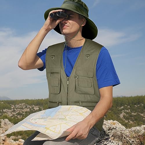 Janmercy 2 Pieces Men's Work Fishing Vest with Hat Lightweight Safari Travel Hunting Waistcoat With Multi Pockets Fishing Hat - color: Army Green, size: Medium