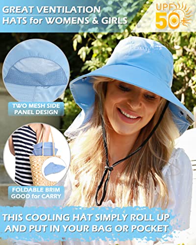 Tirrinia Wide Brim Sun Hat with Neck Flap for Men & Women, Breathable Hiking Fishing Safari Hat, Outdoor UV Protection Cap - color: #Blue