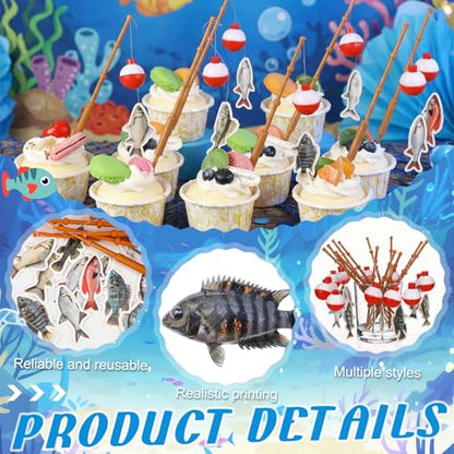 Reallnaive 24 Pcs Fishing Float Cupcake Toppers Fisherman Pole Picks Party Supplies Bulk, 3D Fish Bobber Push Button Round Buoy Floats for Fishing Birthday Party Decorations (Bobber, Fish) - style: Bobber, Fish