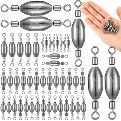 Seenelling 48 Pcs Trolling Sinkers with Swivels Brass Fishing Sinker Different Sizes Egg Sinkers Fishing Weights Saltwater Bullet Sinker with Swivel Rolling Removable Freshwater - size: 5 Sizes