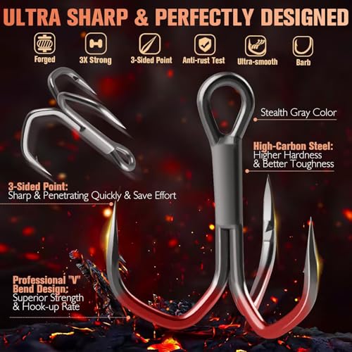 Dovesun Fishing Treble Hooks, Triple Hooks 3X Strong Professional V, 50PCS High Carbon Steel Replacement Fishing Hooks for Saltwater and Freshwater, Sizes #10#8#6#4#2 - color: PTFE Coating, size: #2 * 50PCS
