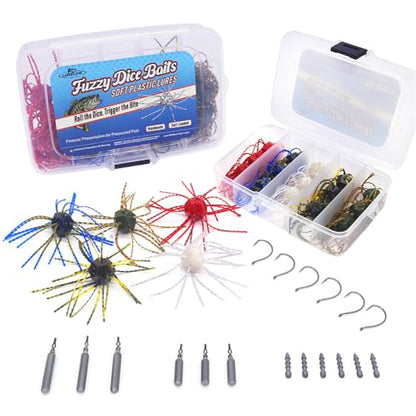 Fuzzy-Dice-Bass-Fishing-Lure-Kit-Soft-Plastic-Cube-Baits with Wacky Hooks & Nail Weights,Drop Shot Weights - Finesse Rig for Smallmouth & Largemouth Bass, FFS Optimized