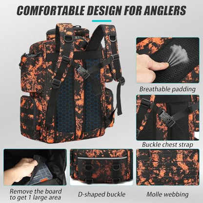 Tactical Fishing Tackle Backpack with Tackle Boxes, Rod Holders & Bottle Holder, 50 L Large Fishing Tackle Box Backpack with Cooler, Fishing Bag with Trays Store Gear & Equipment, Mars CM - color: Mars CM