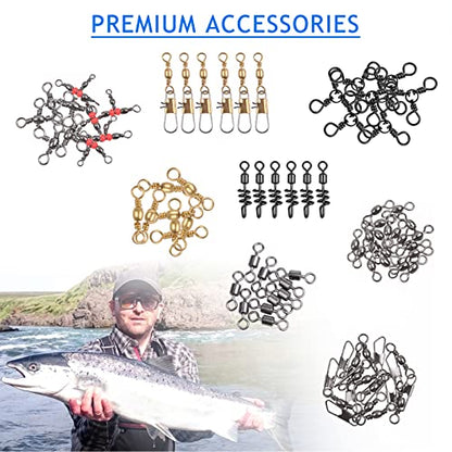 Fishing Swivels Kit 190pcs Fishing Accessories Tackle Ball Bearing Swivels, Rolling Barrel Swivel Snap, Three Way Crossline Swivel, Duo Lock Snap for Bass Trout Saltwater Freshwater Fishing Tackle