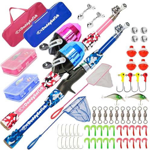 DaddyGoFish Kids Fishing Pole - Rod Reel Combo Tackle Box Starter Set - First Year Small Gear Kit for Boys Girls Toddler Youth Age Beginner Little Children - color: 2 Pack- Blue + Pink (Essential Set), size: 4ft