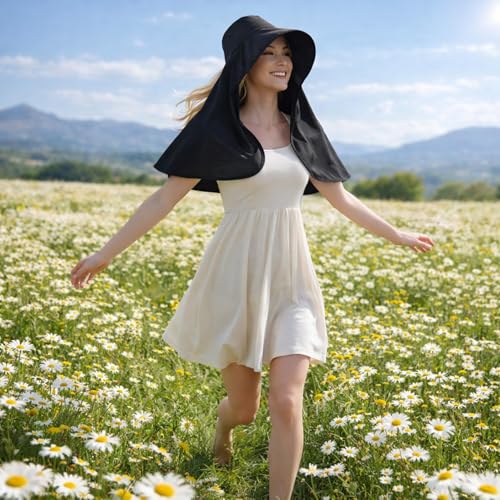 HUAMULAN Men Summer Sun Hat Women Safari Wide Brim Fishing Hats UV Protection Neck Flap Bucket Gardening Hiking Hunting Cap - color: Black With Neck Flap