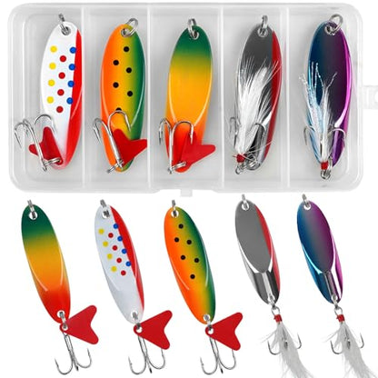 Fishing Spoons Lures Kit Hard Metal Spinner Baits with Treble Hooks, Casting Trout Spoons Jigging Lure for Bass Salmon Pike Walleye Freshwater Saltwater Fishing Lures - size: 1/2oz-5pcs