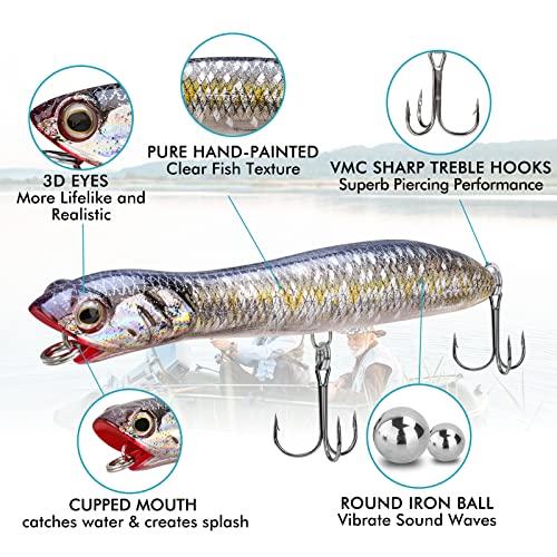 TRUSCEND Popobait Easy Catch Fishing Lures with BKK Hooks, Instant Startup, Longer Cast, Balanced Spray/Sound/Swim, Plopper Topwater Lures for Bass, Trout, Pike, Walleye, Freshwater Saltwater Fishing - color: E2-5.3",0.9oz
