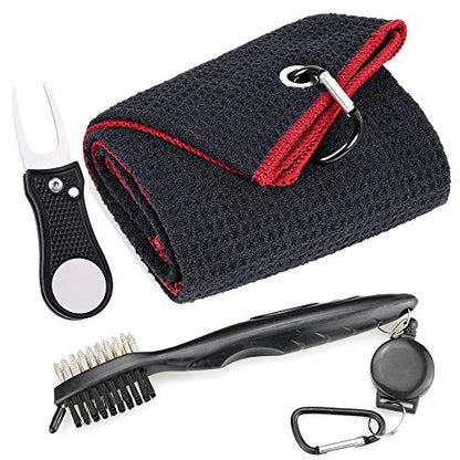 Mile High Life Microfiber Waffle Pattern Golf Towel | Club Groove Cleaner Brush | Foldable Divot Tool with Magnetic Ball Marker (Black w/red Towel/Brush/Bone Divot) - color: Black W/Red Towel/Brush/Bone Divot