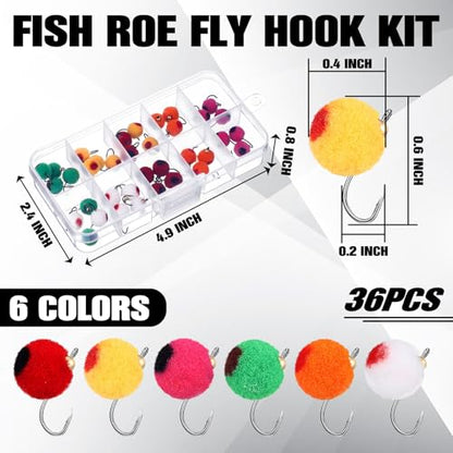 36pcs Salmon Egg Flies for Fishing with Box Dry Flies for Trout Fishing in Size 12 Steelhead Egg Fly for Trout, Salmon, Bass