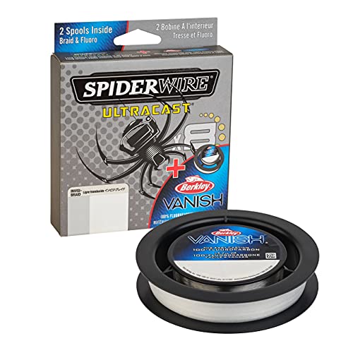 SpiderWire Ultracast Braid Vanish Fluorocarbon Dual Spool, 20lb Translucent Braid with 40lb Clear Fluoro Leader