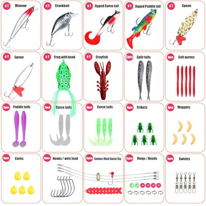 EXAURAFELIS Fishing Lures Tackle Kit, Mixed Hard & Soft Baits Metal Spoons Fishing Accessories for Bass Trout Pike Freshwater Saltwater Fishing - color: 75pcs