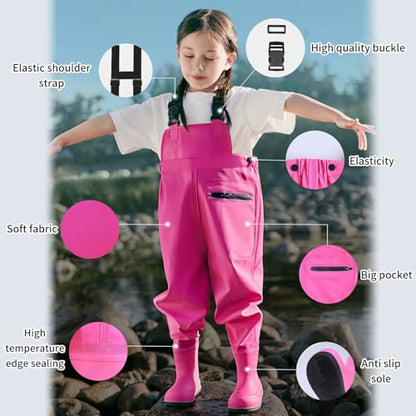 SooGree Kids Chest Wader with Non-Slip Boots,Youth Fishing Hunting Waterproof Waiters, Children Boys Girls Breathable Waders - color: Blue, size: Foot length：8.66"；Height：59.05"-62.99"