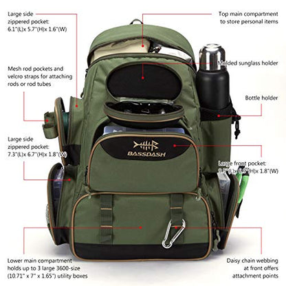 BASSDASH Fishing Tackle Backpack Water Resistant Tactical Bag Soft Tackle Box with Rod Holder and Protective Rain Cover - color: Green Backpack [3600] With 3 Trays