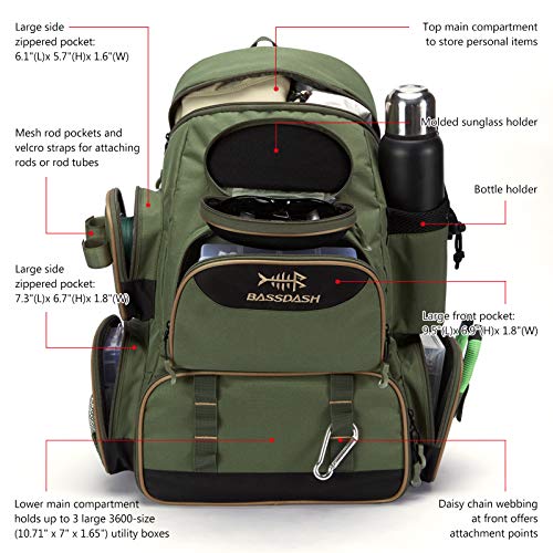BASSDASH Fishing Tackle Backpack Water Resistant Tactical Bag Soft Tackle Box with Rod Holder and Protective Rain Cover - color: Green Backpack [3600] Without Trays