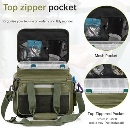 Fishing Tackle Bag - Holds 3400-3600 Size Tackle Boxes -Saltwater & Freshwater Fishing Bags - Padded Shoulder Strap Fishing Bags(Green) (Bag Only) - color: Green