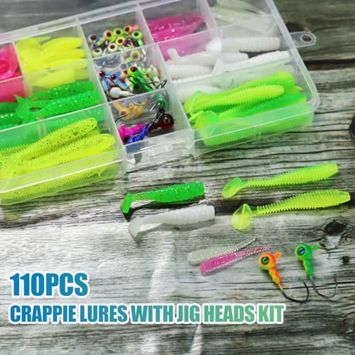 120pcs Fishing Crappie Lures -70pcs Jig Heads Hooks Kit,Small Soft Plastic Grub Lure, Tube Bait Jig Heads for Saltwater Freshwater Fishing - size: 110 pieces (30 Jig Heads + 80 Soft Baits)