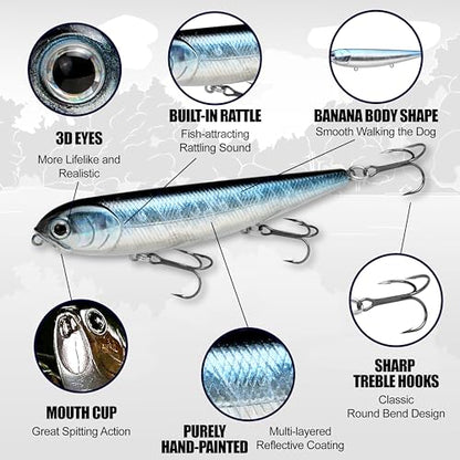 LUCKY CRAFT Sammy 105 Topwater Fishing Lures, 3 Hook, 4-1/8" Floating Freshwater Trout and Bass Lures, Walk-the-Dog Tournament Bait, Bass Fishing Gear and Tackle Box Accessories - color: 292 Lake Murray Clear