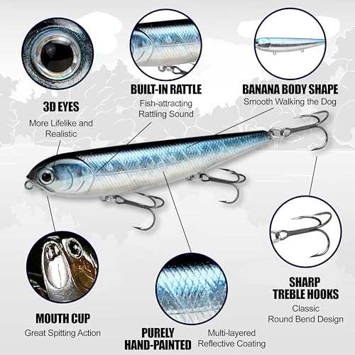 LUCKY CRAFT Sammy 105 Topwater Fishing Lures, 3 Hook, 4-1/8" Floating Freshwater Trout and Bass Lures, Walk-the-Dog Tournament Bait, Bass Fishing Gear and Tackle Box Accessories - color: 238 Ghost Minnow