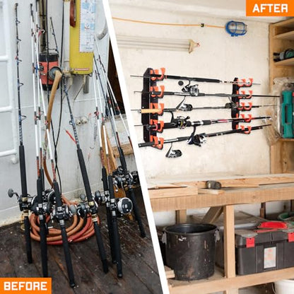 Hikeen Fishing Rod Holders, Fishing Pole Holders for Garage, Wall or Ceiling Mounted Fishing Rod Rack Holds Up to 10 Rods(2 Pack) - style: Orange-2Pack