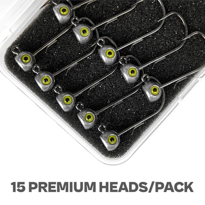 15-Pack Fish Eye Ned Rig Jig Heads with Welded Wire Bait Keeper – 1/16 3/32 1/8 3/16 1/4oz with 2/0 3/0 Hooks, Chartreuse Eyes, Secure Finesse TRD Hookup for Bass Fishing - size: 1/16oz - 15Pack