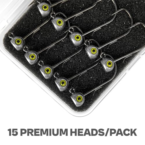 15-Pack Fish Eye Ned Rig Jig Heads with Welded Wire Bait Keeper – 1/16 3/32 1/8 3/16 1/4oz with 2/0 3/0 Hooks, Chartreuse Eyes, Secure Finesse TRD Hookup for Bass Fishing - size: 1/4oz - 15Pack