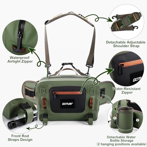 Goture Waterproof Fishing Waist Pack,IPX8 840D TPU Large Tackle Bag with Rod Holder,Airtight Zipper Closure,Detachable Water Bottle Holder, 10L Fly Fishing Bag with Adjustable Strap,Sling Fanny Pack - color: B1:10L Green Waterproof Tackle Bag