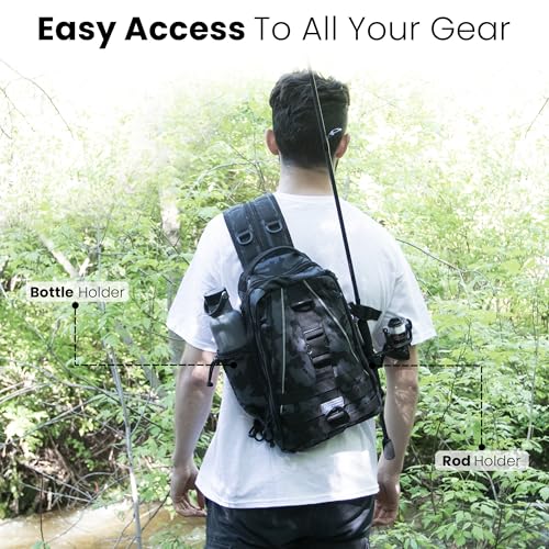 Reaction Tackle Camo Fishing Sling Bag, Water Resistant 2-in-1 Sling and Backpack with Rod Holder and Adjustable Straps, Small - size: Small
