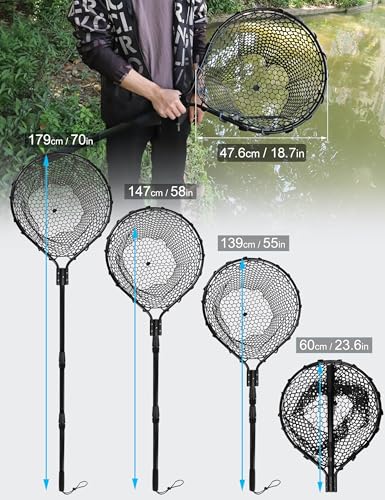 Hlotmeky Extra Long Fishing Net - 70" Telescoping Handle Large Rubber Landing Net for Kayak, Pier & Boat - Foldable Heavy Duty Saltwater Net - Catch & Release Snag-Free Mesh for Large Fish