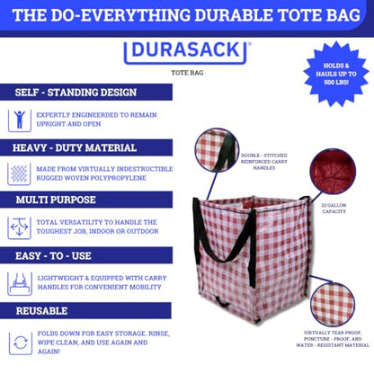 DURASACK Heavy Duty Storage Tote Bag 22-Gallon, Gingham Red | Rugged Woven Polypropylene Moving Bag, Reusable Self-Standing Design, Holds up to 500 Pounds - color: Gingham Red, size: Single