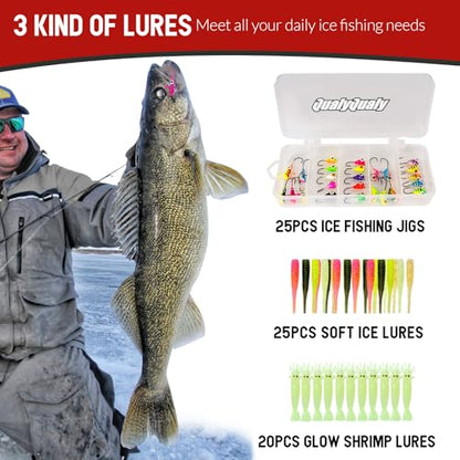 QualyQualy Ice Fishing Rod Reel Combo Complete Set Ice Fishing Gear with Backpack Seat Ice Cleats Ice Fishing Jigs Line Full Ice Fishing Kit 24" 26" - style: 26" Inline Reel-right Hand