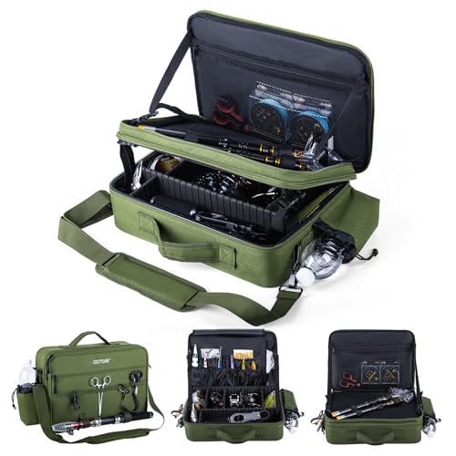 Goture Fishing Reel Case, Hard Shell Customize Storage Bag | Modular dividers for custom fit 600D water-resistant fabric & EVA padding Integrated rod straps & quick-access pockets - color: Green