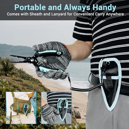 Keenjorika Multi-Function Fishing Pliers with Braided Line Cutter and Hook Remover, Ergonomic Stainless Steel Fishing Tool with Lanyard and Sheath, Outdoor Fishing Gear for Freshwater and Saltwater