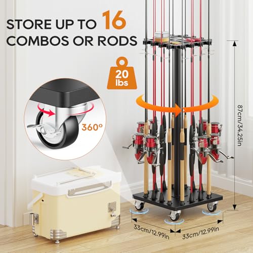 Fishing Rod Holder Rack with 360° Rotating Base – 16 poles Capacity,multi-purpose Rod Storage Rack,Easy Install & Durable Wooden Vertical Fishing Pole Holders for Ground,Black - color: Upgraded Black