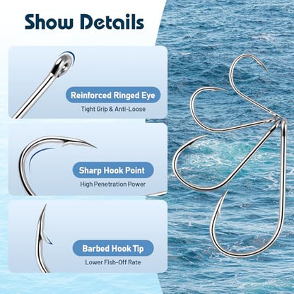 500PCS Barbed Fishing Hooks, 10 Sizes High Carbon Steel Fish Hooks, High Strength & Sharp Point with Plastic Storage Box, Suitable for Freshwater & Saltwater