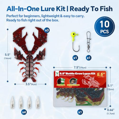 5.5" Battle Crawfish Soft Fishing Swim Baits with Rattles for Bass Fishing | Durable Crawdad Fishing Lures Kit for Bass Redfish Trout Crappie, Freshwater Saltwater Use, 3pcs Red Green Blue Color Pack