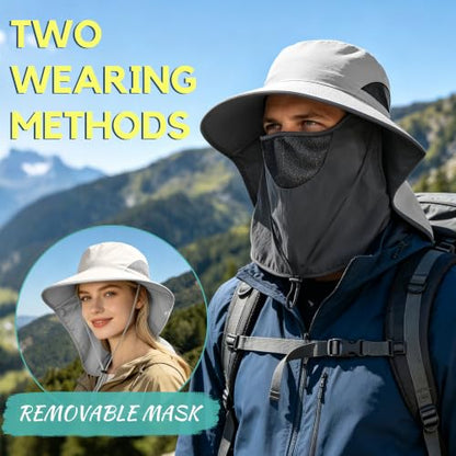 2 Pack Women Men Outdoor Wide Brim Sun Hat with Neck Face Flap,UPF 50+ Protection Fishing Garden Work Hat with Ponytail Hole - color: Light Grey ＆ Beige
