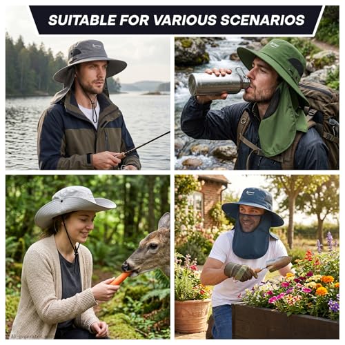 Wide Brim Fishing Hat, Waterproof UV Protection Bucket Sun Hats with Removable Face Cover & Neck Flap for Men Women - color: Black