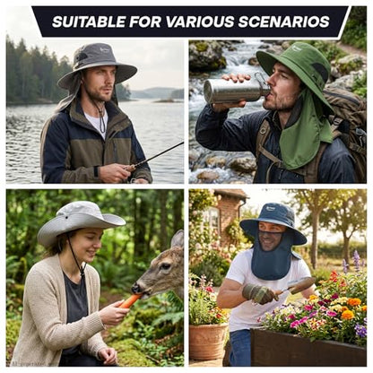 Wide Brim Fishing Hat, Waterproof UV Protection Bucket Sun Hats with Removable Face Cover & Neck Flap for Men Women - color: Black