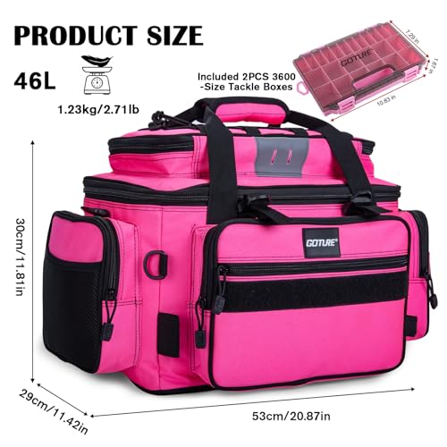 Goture Fishing Tackle Bag with 2pcs 3600 Tackle Boxes, 600D Water-Resistant Soft Side Saltwater Gear Storage Fishing Bag with Rod Straps, Detachable Water Bottle Pouch, Waterproof Bottom, SBS Zippers - color: C1:Pink with 2 3600 Tackle Boxes, size: Large