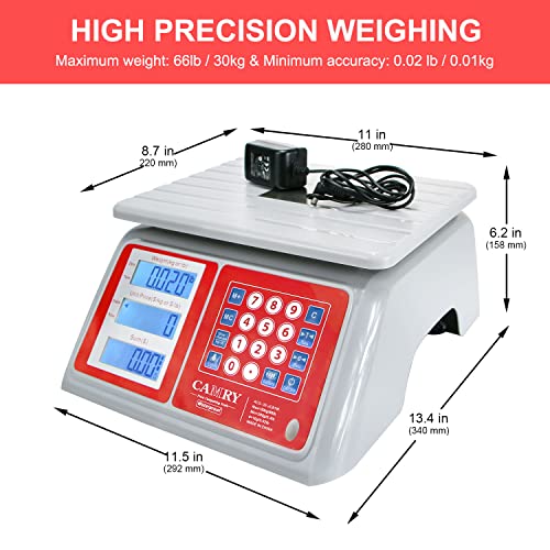 CAMRY Waterproof Commercial Food Scale, 66lb/30kg, Price Computing | IPX7 Stainless Steel Platform; Rechargeable Battery; Dual LCD Display; KG/LB Conversion; For Seafood and Farmers Market