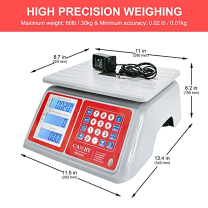 CAMRY Waterproof Commercial Food Scale, 66lb/30kg, Price Computing | IPX7 Stainless Steel Platform; Rechargeable Battery; Dual LCD Display; KG/LB Conversion; For Seafood and Farmers Market