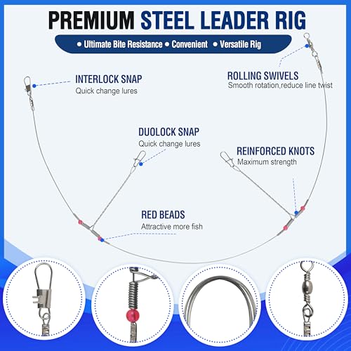 Fishing Leaders Saltwater Tackle Rig Stainless Steel Fishing Wire Leader Line with Swivels Snap Beads Pre-Tied Hi-Low Bottom Rigs for Surf Pier Trolling Fishing Tackle - style: 2 Arms-12pcs