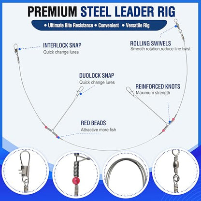 Fishing Leaders Saltwater Tackle Rig Stainless Steel Fishing Wire Leader Line with Swivels Snap Beads Pre-Tied Hi-Low Bottom Rigs for Surf Pier Trolling Fishing Tackle - style: 2 Arms-12pcs
