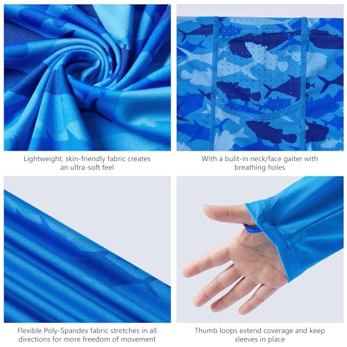 BASSDASH Youth UPF 50+ Hooded Shirts with Mask UV Neck Gaiter Sun Protection Long Sleeve T Shirt for Fishing Swim - color: Blue Fish Gradient, size: Small