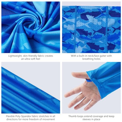 BASSDASH Youth UPF 50+ Hooded Shirts with Mask UV Neck Gaiter Sun Protection Long Sleeve T Shirt for Fishing Swim - color: Blue Fish Gradient, size: Large