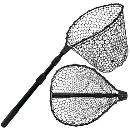Telescoping Rubber Fishing Net with Handle 64"/46“ Long Silicone Large Fish Landing Net Kayak/Fishpond/Saltwater Extendable Fishing Gear Accessories - color: Black:3-section pole|length:63.7"