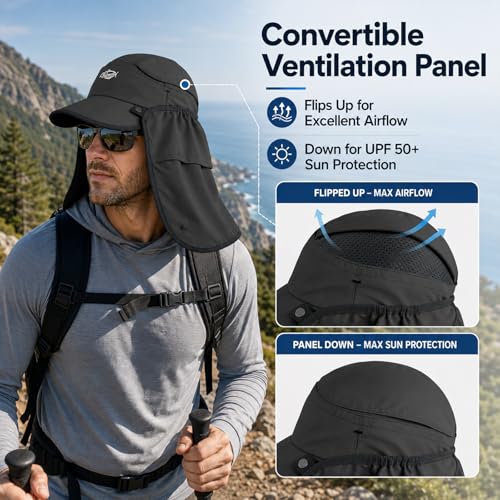 Palmyth Fishing Sun Hat with Detachable Neck Flap UPF 50+ Baseball Cap | Convertible Ventilation Panel, Sunglass Lock, Water Resistant, Foldable, Ventilation Holes, 3 Ways to Wear, Men & Women - color: Dark Grey