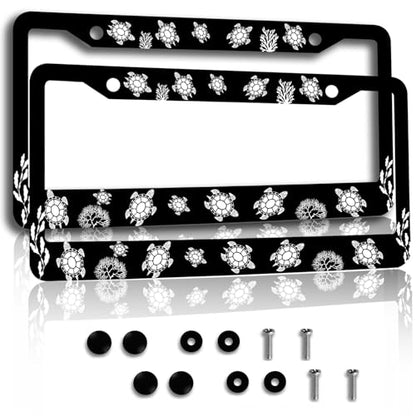 Sea Turtle License Plate Frame-2Pcs Black Background Turtle License Plate Frames Car Accessorie Aluminium Metal Sea Life Themed License Plate Holder For Men/Women Fits U.S Standard Vehicle With Screws - color: turtles