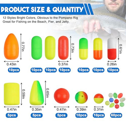 165pcs Pompano Rig Kit, Foam Snell Floats and Beads Surf Fishing Live Bait Walleye Rig Making Accessories or Trout Catfish Walleye